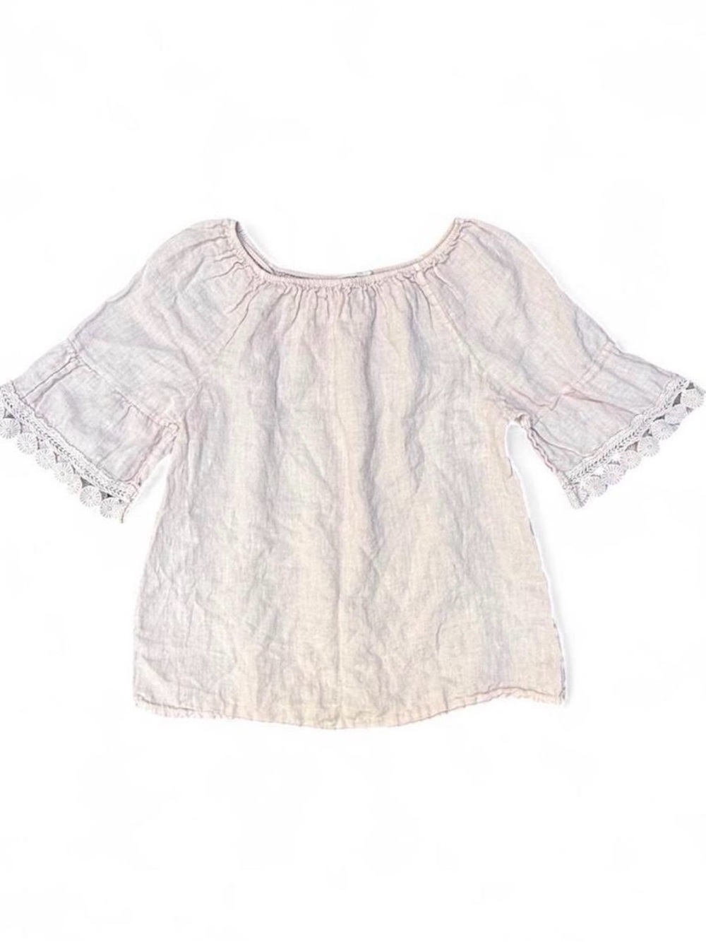 Terzo Millenio Italy 100% Linen Pink Crochet Lace Peasant Blouse M made in Italy